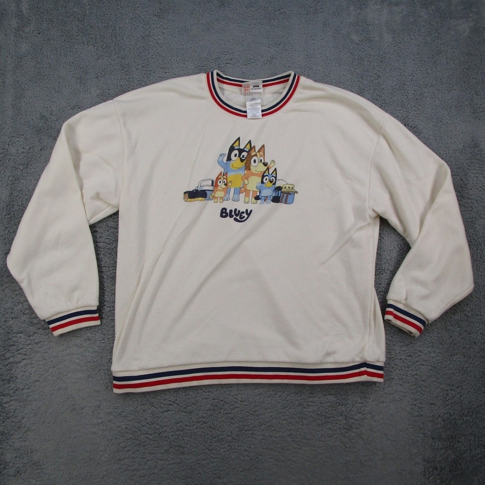 Bluey Heeler Family Graphic Sweatshirt Cream Striped Trim XL Pullover BBC Ludo